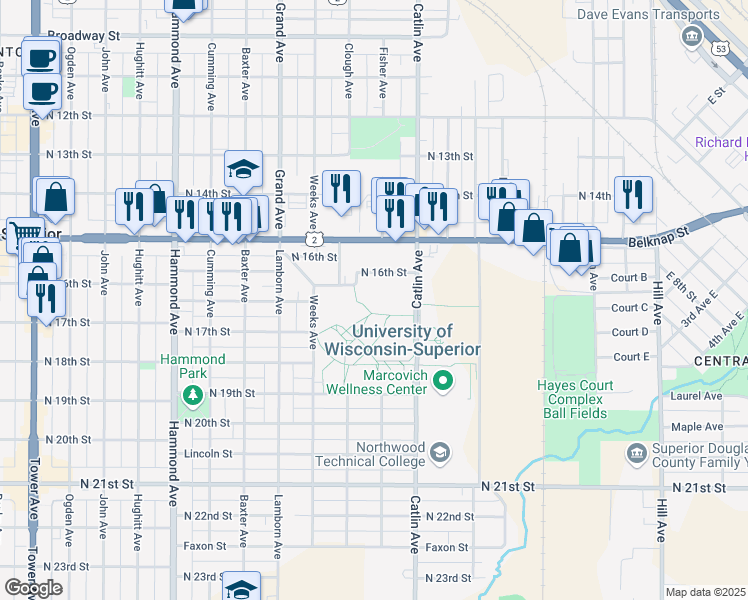 map of restaurants, bars, coffee shops, grocery stores, and more near 1605 Catlin Avenue in Superior