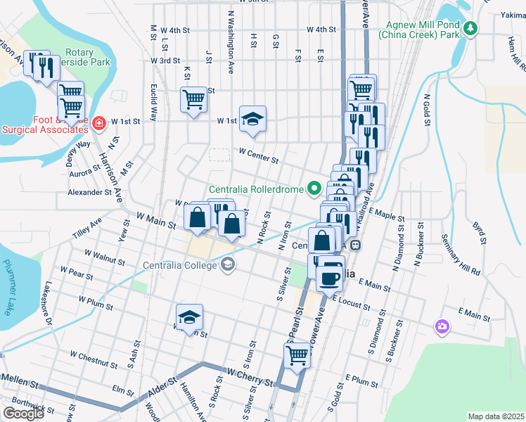 map of restaurants, bars, coffee shops, grocery stores, and more near 215 North Rock Street in Centralia