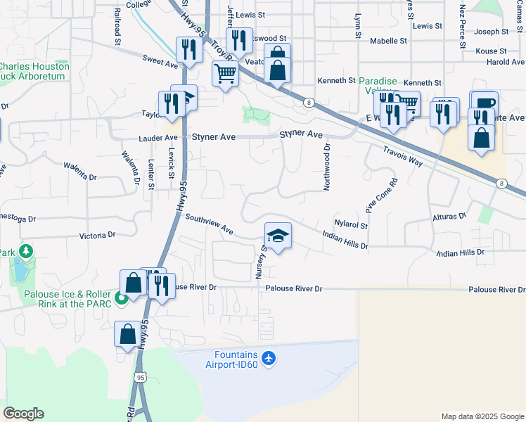 map of restaurants, bars, coffee shops, grocery stores, and more near 119 Flint Street in Moscow