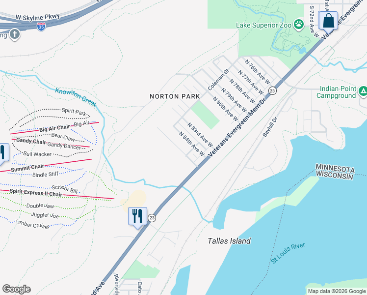 map of restaurants, bars, coffee shops, grocery stores, and more near 410 North 85th Avenue West in Duluth