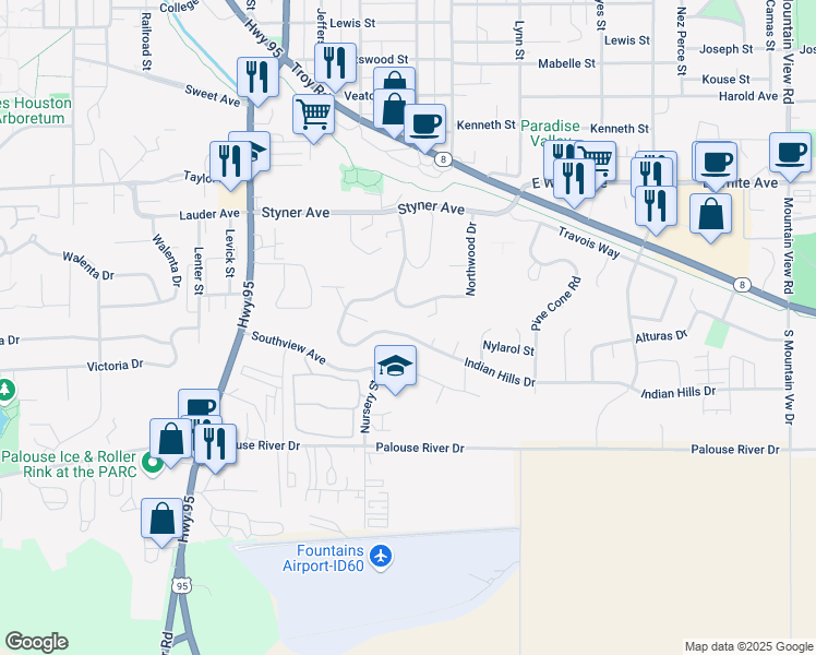 map of restaurants, bars, coffee shops, grocery stores, and more near 746 Indian Hills Drive in Moscow