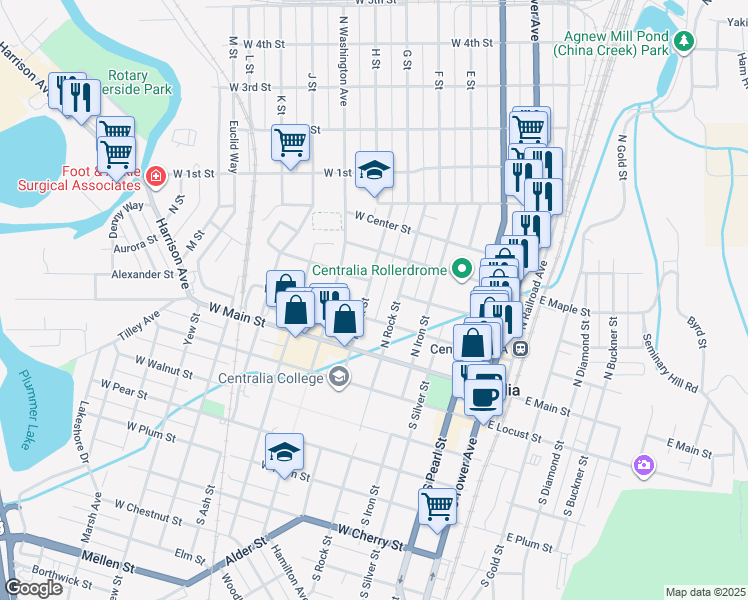 map of restaurants, bars, coffee shops, grocery stores, and more near 212 North Oak Street in Centralia