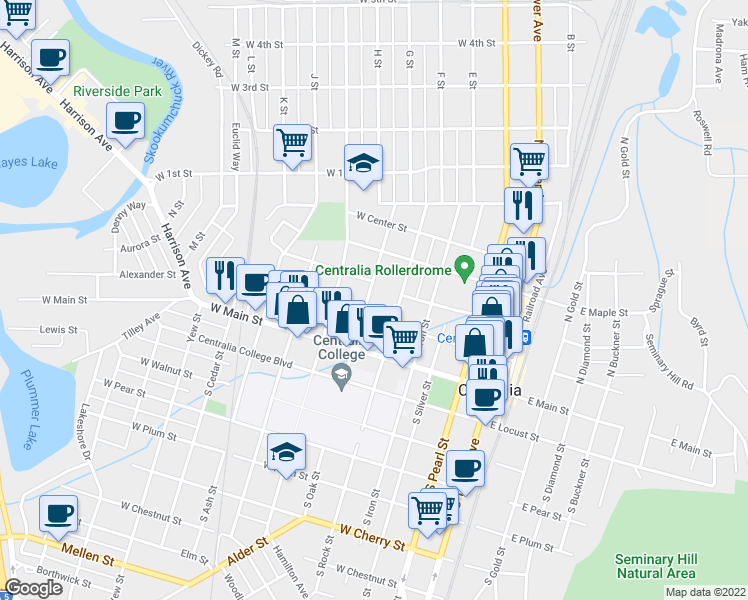 map of restaurants, bars, coffee shops, grocery stores, and more near 212 North Oak Street in Centralia