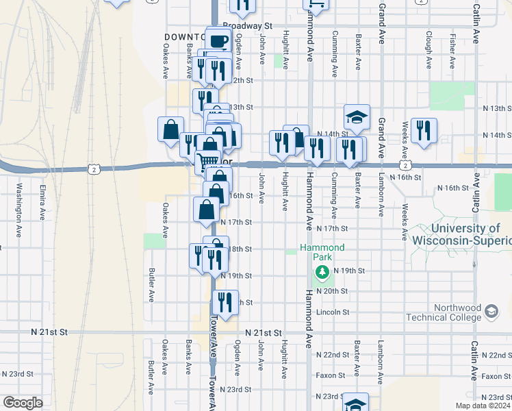 map of restaurants, bars, coffee shops, grocery stores, and more near 1609 John Avenue in Superior