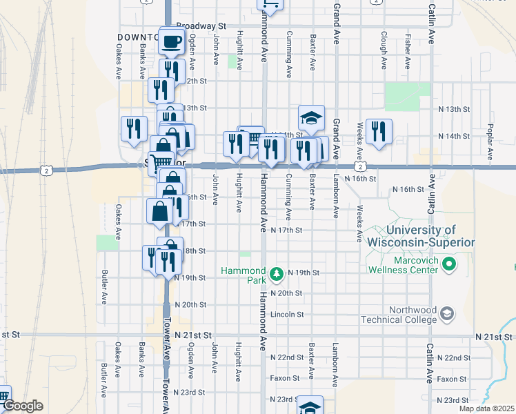 map of restaurants, bars, coffee shops, grocery stores, and more near 1607 Hammond Avenue in Superior