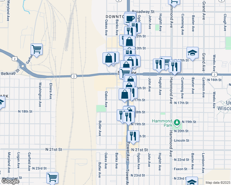 map of restaurants, bars, coffee shops, grocery stores, and more near 1609 Banks Avenue in Superior