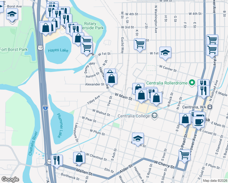 map of restaurants, bars, coffee shops, grocery stores, and more near 130 Harrison Avenue in Centralia