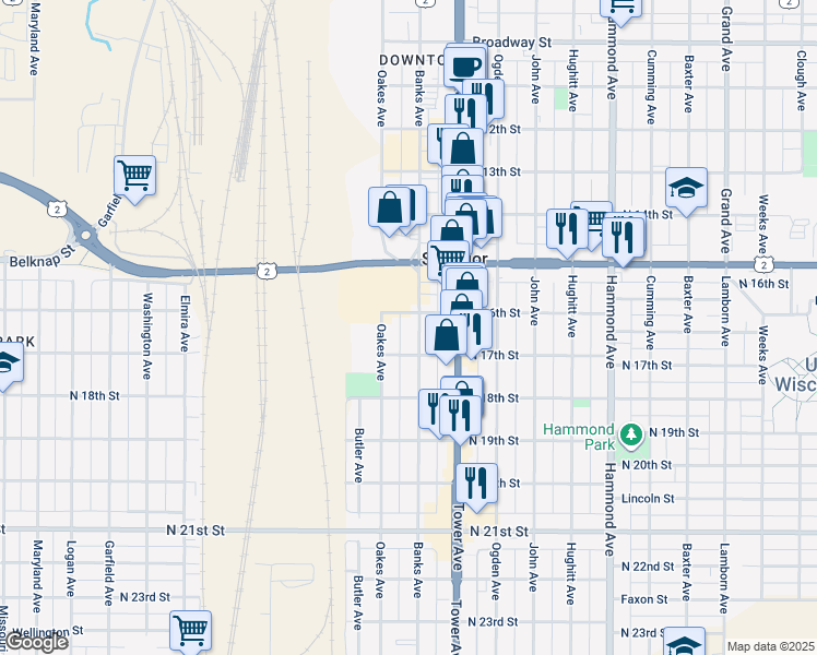 map of restaurants, bars, coffee shops, grocery stores, and more near 1609 Banks Avenue in Superior