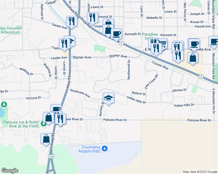 map of restaurants, bars, coffee shops, grocery stores, and more near 746 Indian Hills Drive in Moscow