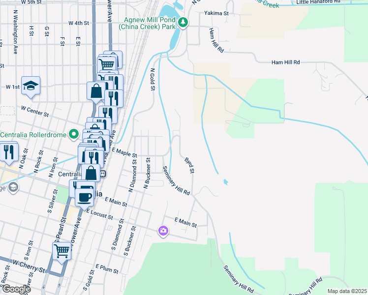 map of restaurants, bars, coffee shops, grocery stores, and more near 424 Byrd Street in Centralia