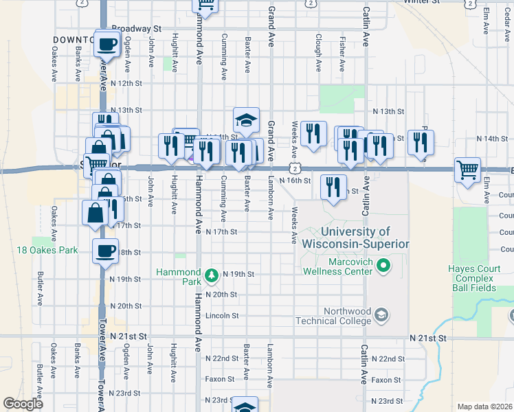 map of restaurants, bars, coffee shops, grocery stores, and more near 1107 Harrison Street in Superior