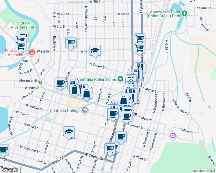 map of restaurants, bars, coffee shops, grocery stores, and more near 407 West Magnolia Street in Centralia