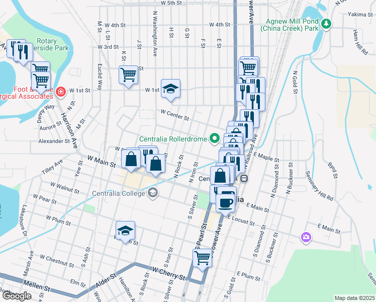 map of restaurants, bars, coffee shops, grocery stores, and more near 417 West Magnolia Street in Centralia