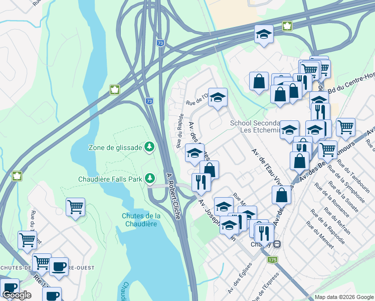 map of restaurants, bars, coffee shops, grocery stores, and more near 4310 Rue du Rapide in Lévis