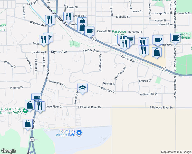 map of restaurants, bars, coffee shops, grocery stores, and more near 525 Northwood Drive in Moscow