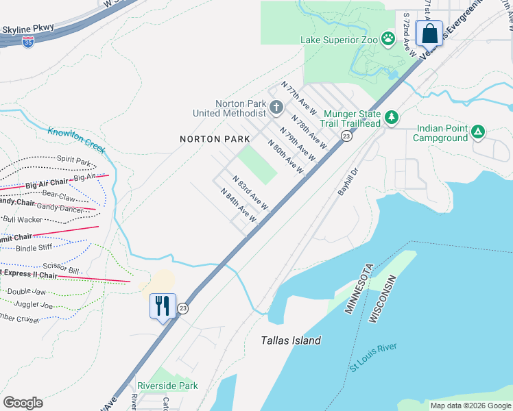 map of restaurants, bars, coffee shops, grocery stores, and more near 319 North 83rd Avenue West in Duluth