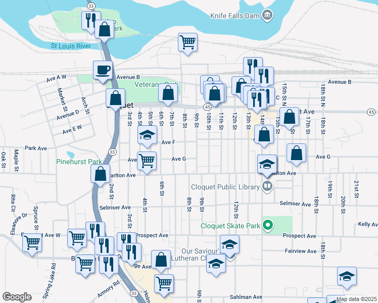 map of restaurants, bars, coffee shops, grocery stores, and more near 114 8th Street in Cloquet
