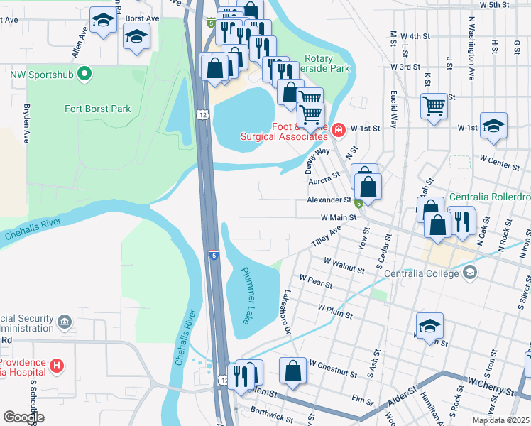 map of restaurants, bars, coffee shops, grocery stores, and more near 1317 West Main Street in Centralia