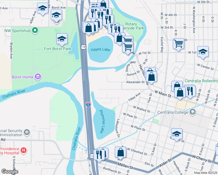 map of restaurants, bars, coffee shops, grocery stores, and more near 1317 West Main Street in Centralia