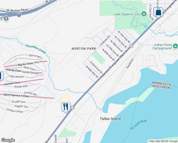 map of restaurants, bars, coffee shops, grocery stores, and more near 410 North 85th Avenue West in Duluth