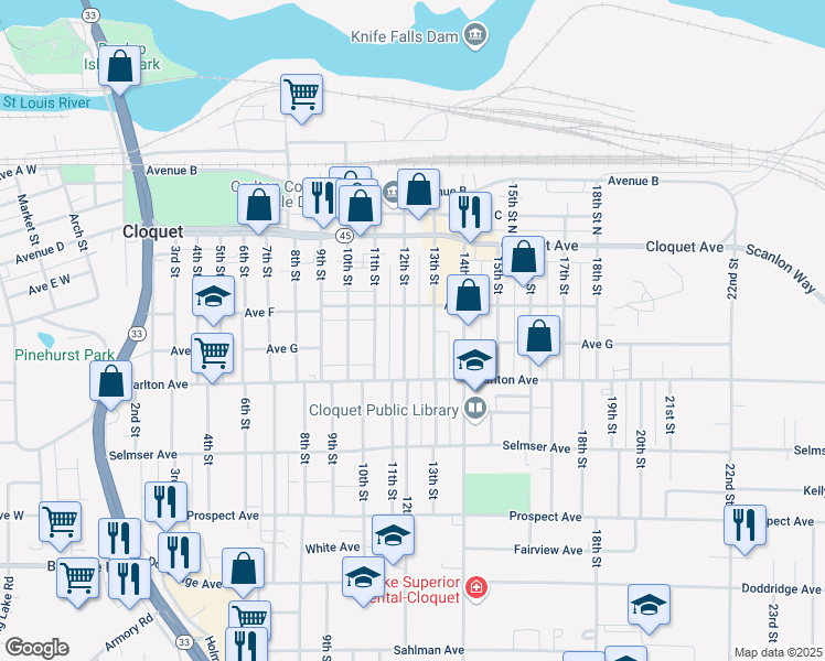 map of restaurants, bars, coffee shops, grocery stores, and more near 118 12th Street North in Cloquet