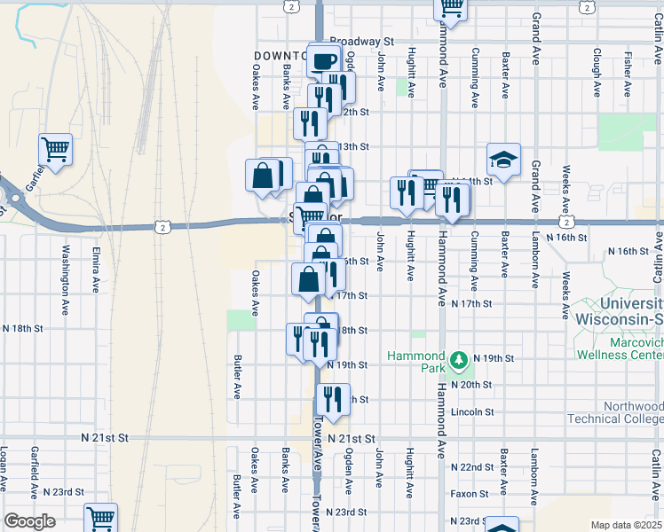 map of restaurants, bars, coffee shops, grocery stores, and more near 1714 North 16th Street in Superior