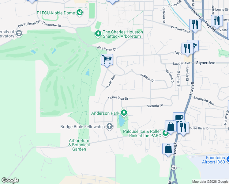 map of restaurants, bars, coffee shops, grocery stores, and more near 1698 Appaloosa Road in Moscow