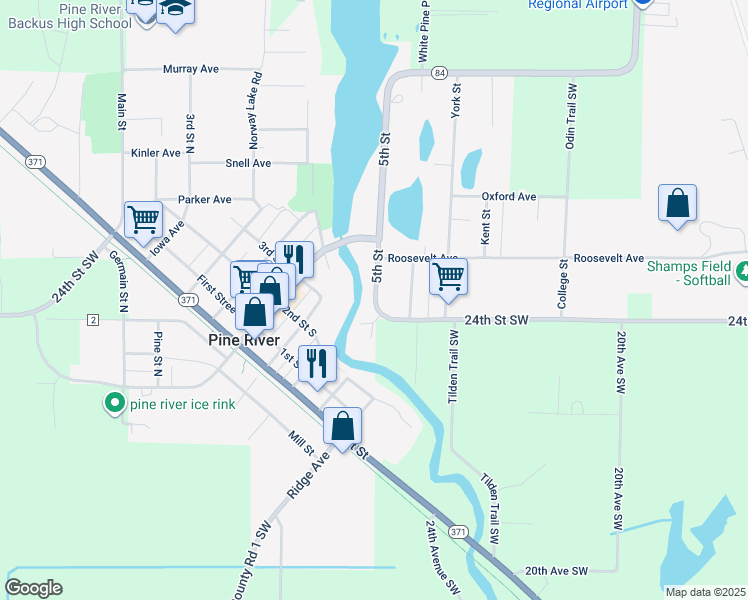 map of restaurants, bars, coffee shops, grocery stores, and more near 115 5th Street in Pine River