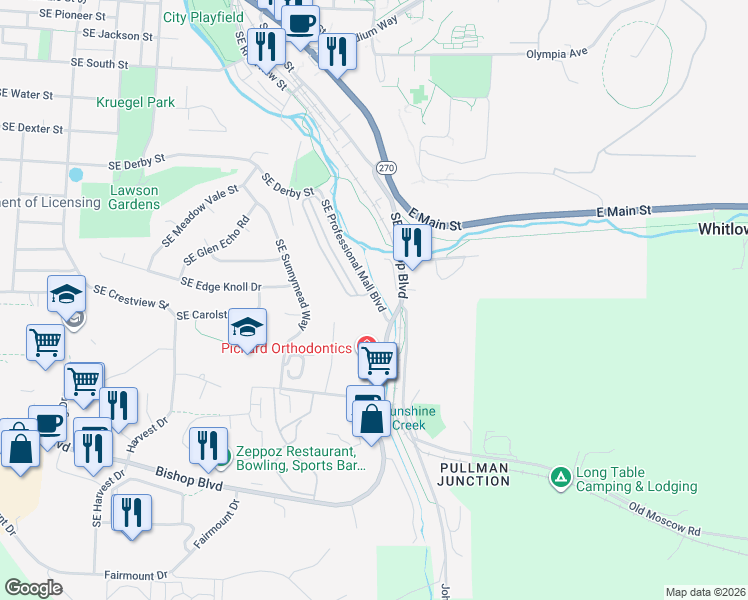 map of restaurants, bars, coffee shops, grocery stores, and more near 1205 Southeast Professional Mall Boulevard in Pullman