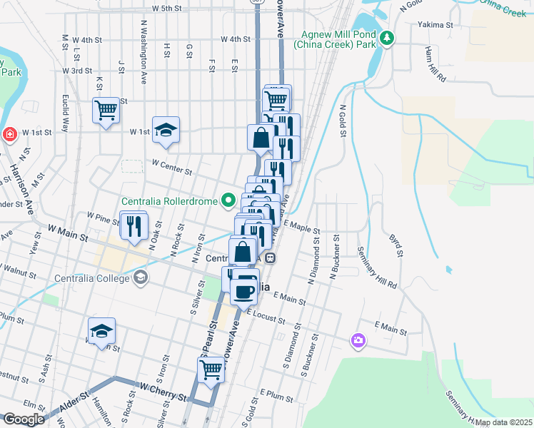 map of restaurants, bars, coffee shops, grocery stores, and more near in Centralia