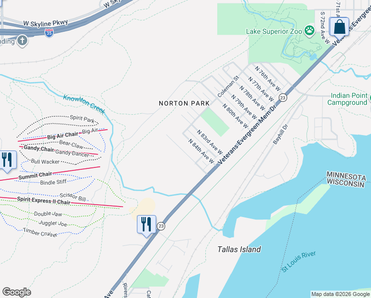 map of restaurants, bars, coffee shops, grocery stores, and more near 410 North 85th Avenue West in Duluth