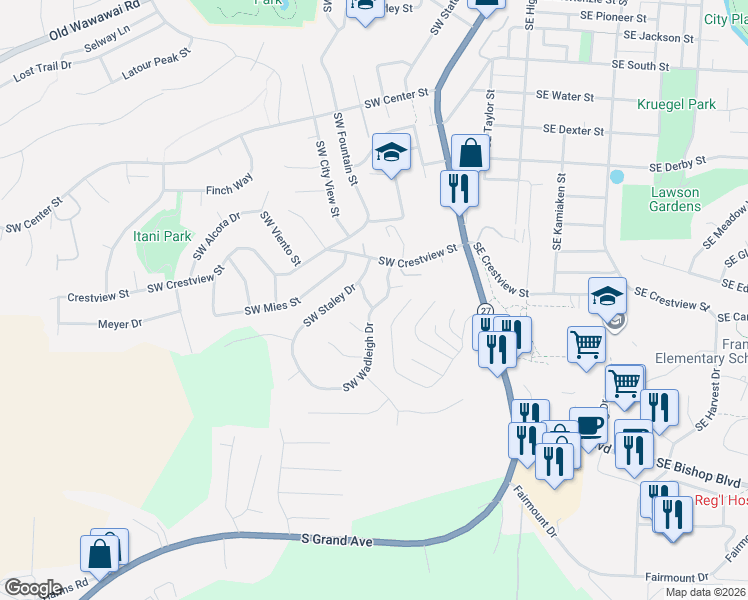 map of restaurants, bars, coffee shops, grocery stores, and more near 1355 Southwest Wadleigh Drive in Pullman