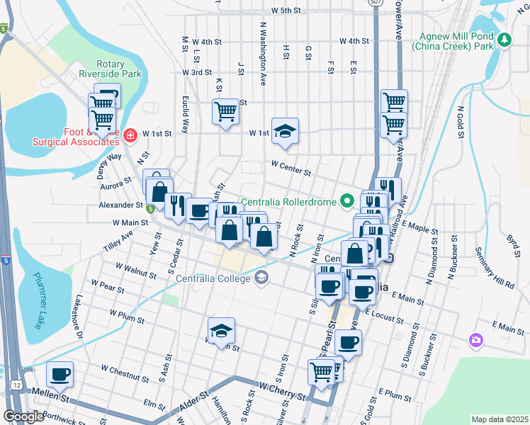 map of restaurants, bars, coffee shops, grocery stores, and more near 207 North Washington Avenue in Centralia