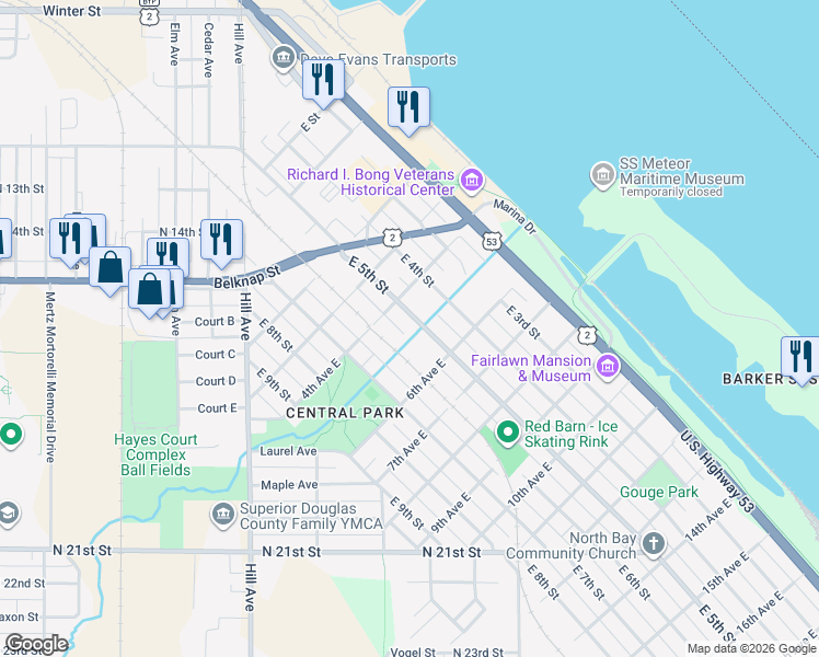 map of restaurants, bars, coffee shops, grocery stores, and more near 513 5th Avenue East in Superior