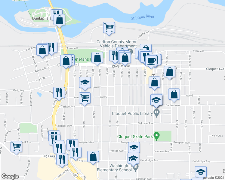 map of restaurants, bars, coffee shops, grocery stores, and more near 114 8th Street in Cloquet