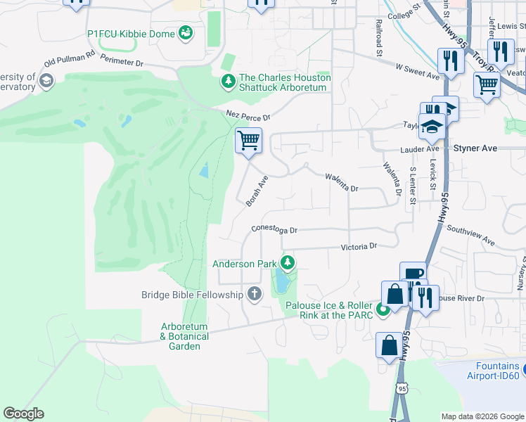 map of restaurants, bars, coffee shops, grocery stores, and more near 1698 Appaloosa Road in Moscow