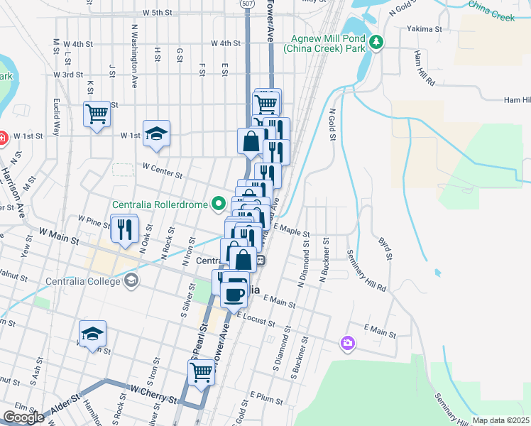 map of restaurants, bars, coffee shops, grocery stores, and more near 410 North Tower Avenue in Centralia