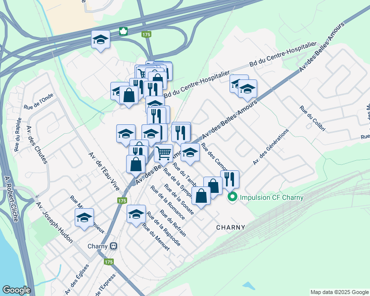 map of restaurants, bars, coffee shops, grocery stores, and more near 5321 Avenue des Belles Amours in Charny