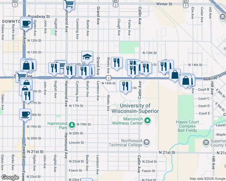 map of restaurants, bars, coffee shops, grocery stores, and more near 1610 Weeks Avenue in Superior
