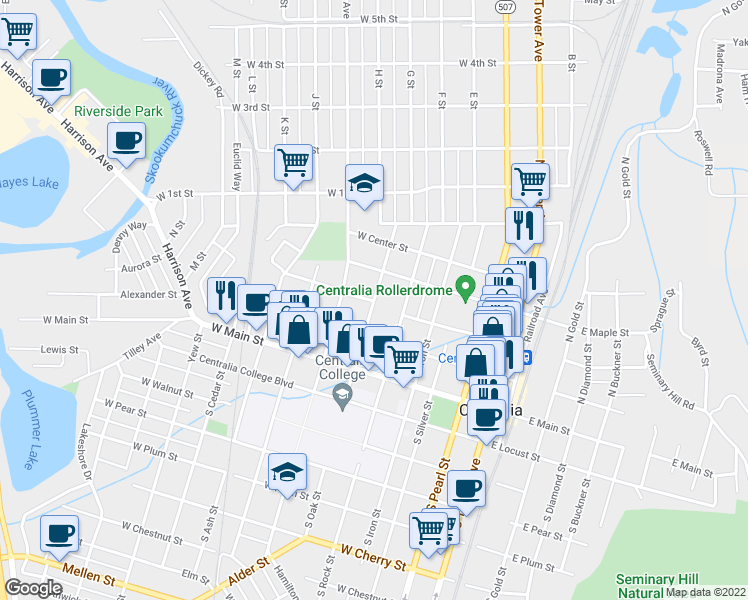 map of restaurants, bars, coffee shops, grocery stores, and more near 302 Park Way Street in Centralia