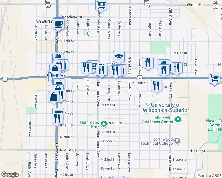 map of restaurants, bars, coffee shops, grocery stores, and more near 1222 North 16th Street in Superior