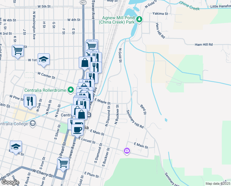 map of restaurants, bars, coffee shops, grocery stores, and more near 429 North Buckner Street in Centralia