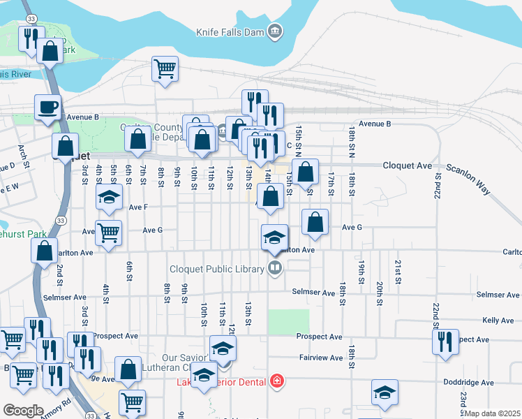 map of restaurants, bars, coffee shops, grocery stores, and more near 101 14th Street in Cloquet