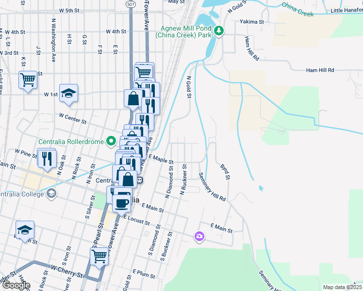 map of restaurants, bars, coffee shops, grocery stores, and more near 429 North Buckner Street in Centralia