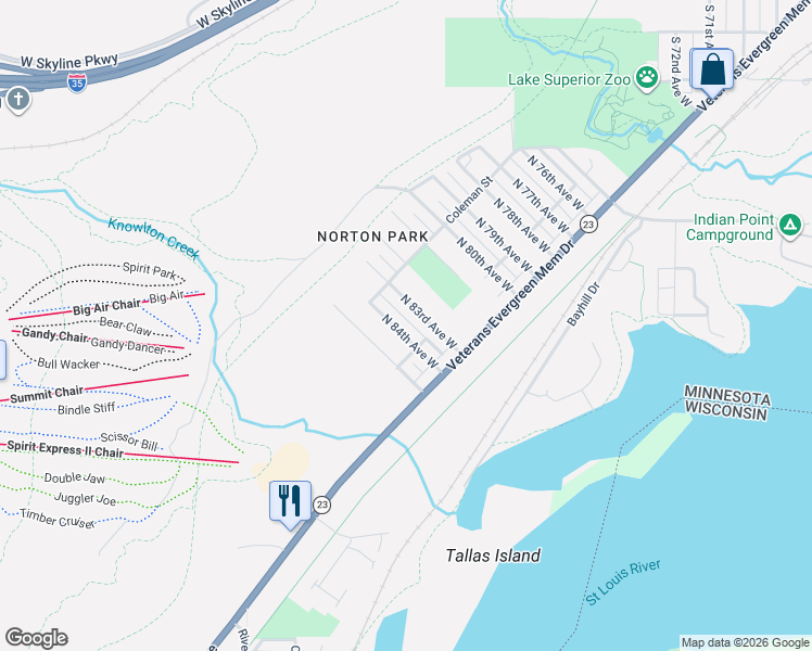 map of restaurants, bars, coffee shops, grocery stores, and more near 410 North 85th Avenue West in Duluth