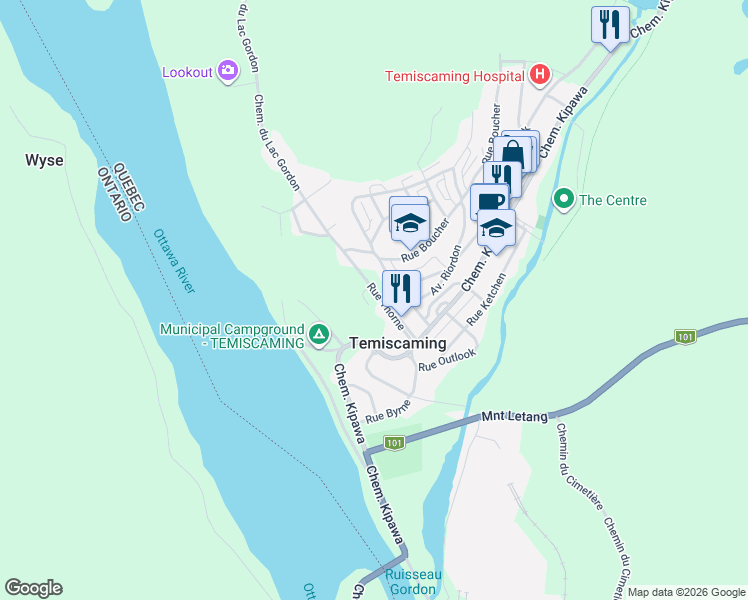 map of restaurants, bars, coffee shops, grocery stores, and more near 60 Rue Thorne in Tã©Miscaming