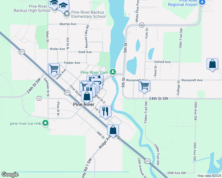 map of restaurants, bars, coffee shops, grocery stores, and more near 115 5th Street in Pine River