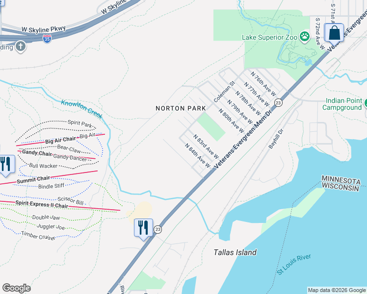 map of restaurants, bars, coffee shops, grocery stores, and more near 410 North 85th Avenue West in Duluth