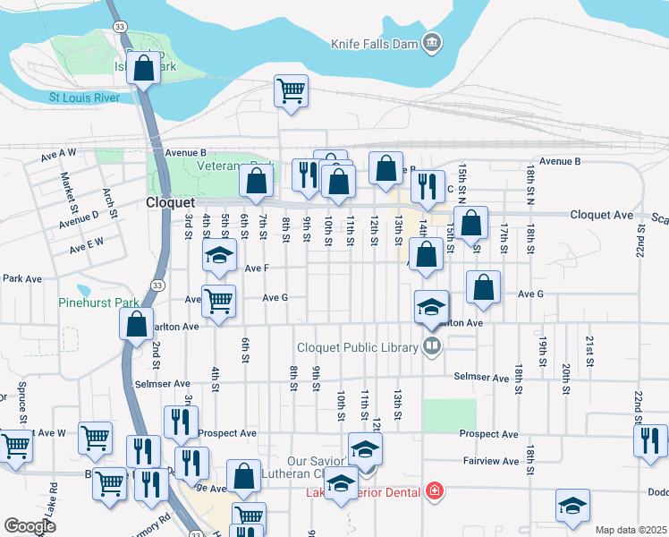 map of restaurants, bars, coffee shops, grocery stores, and more near 117 10th Street North in Cloquet
