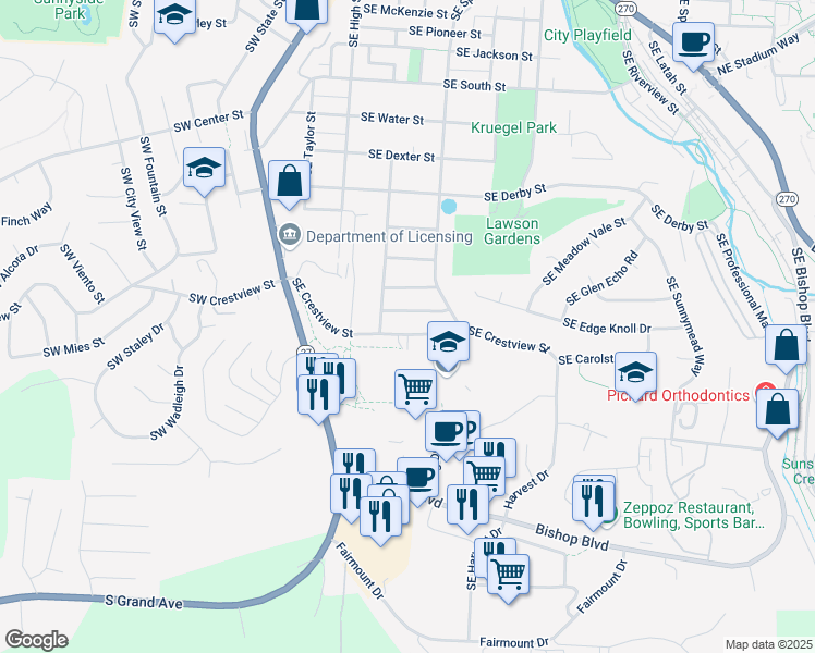 map of restaurants, bars, coffee shops, grocery stores, and more near 315 Southeast Crestview Street in Pullman